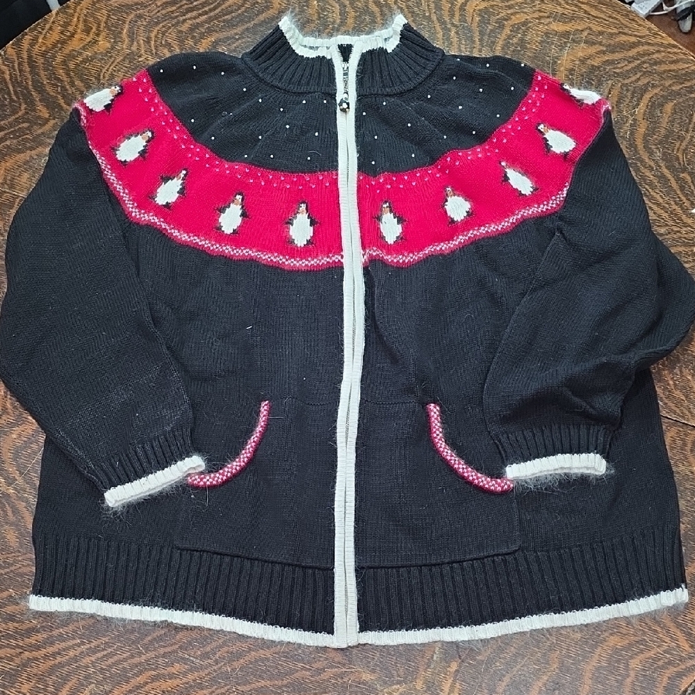 Quacker Factory full-zip knit cardigan in black w/red‎ , white & penguins design